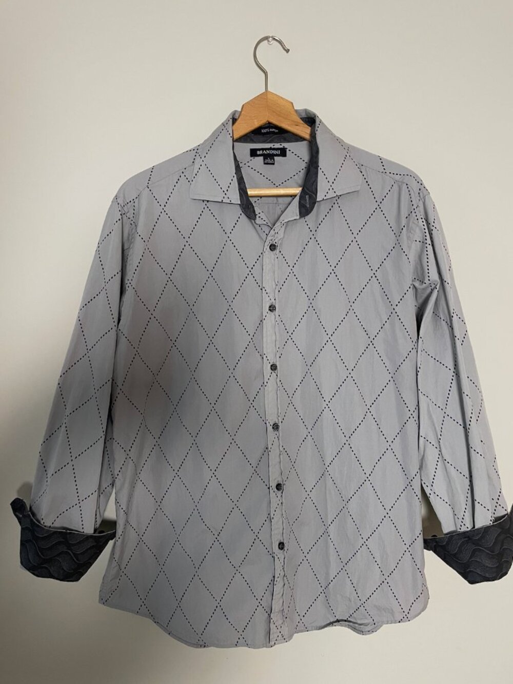 Brandini Men's Diamond Print Button Down Shirt Gray L
